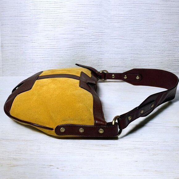 Burberry Suede & Leather Hobo Shoulder Bag Mustard Yellow Dark Brown 10"x8"x2" - Picture 3 of 13